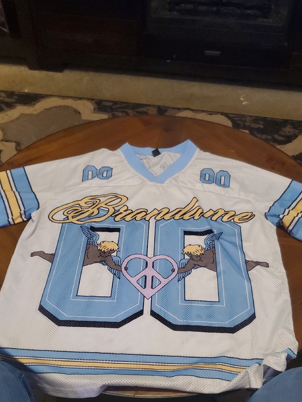 Brandonme Light Blue & White Graphic Jersey with Pink Peace Heart